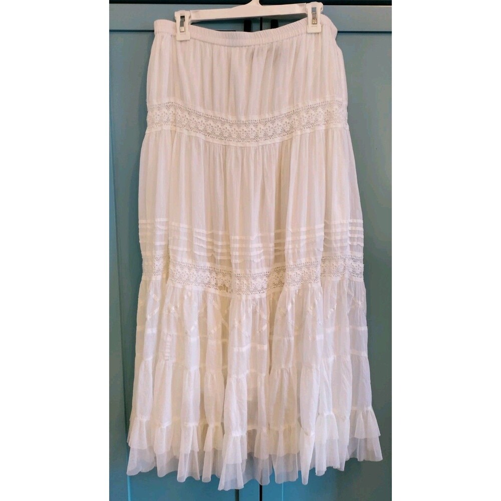 Phool Maxi Skirt Size L White Tiered Ribbon Crochet Mesh Cotton Boho Hippie 37"